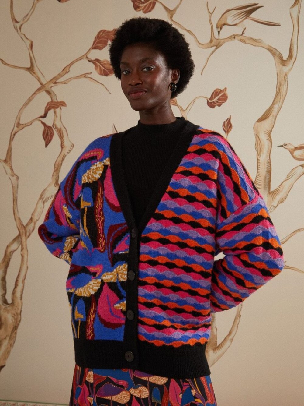 FARM Rio Mixed Mushrooms Knit Cardigan Long Sleeves Women's Size S Black